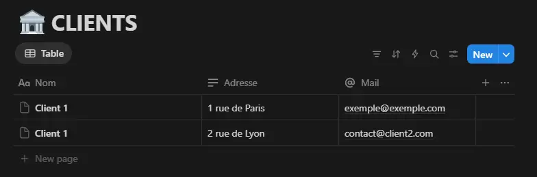 Notion exemple de base de données clients