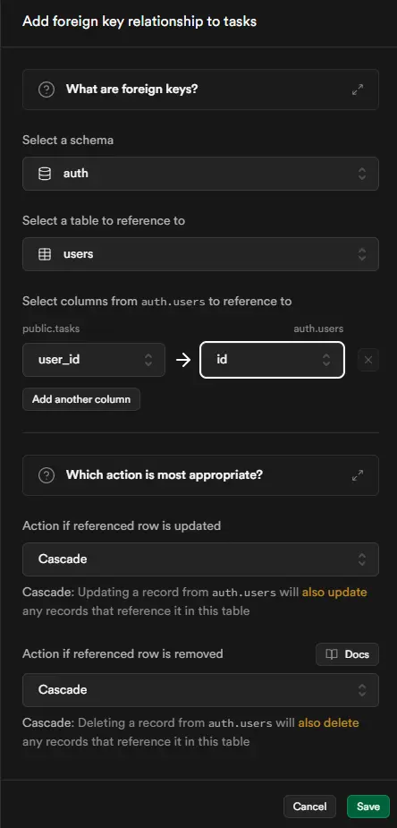 Supabase, comment configurer une clé étrangère depuis l'interface