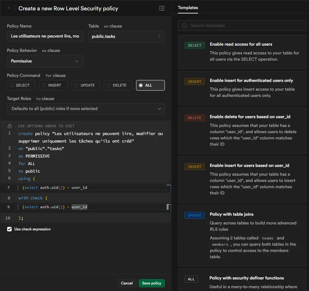 Supabase, comment configurer une row-level security (RLS)